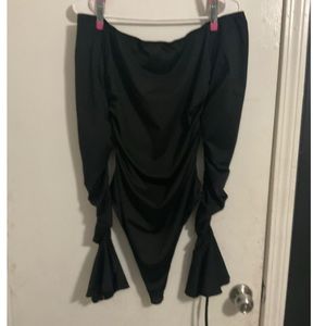 Off the shoulder flounce long sleeve ruched bodysuit